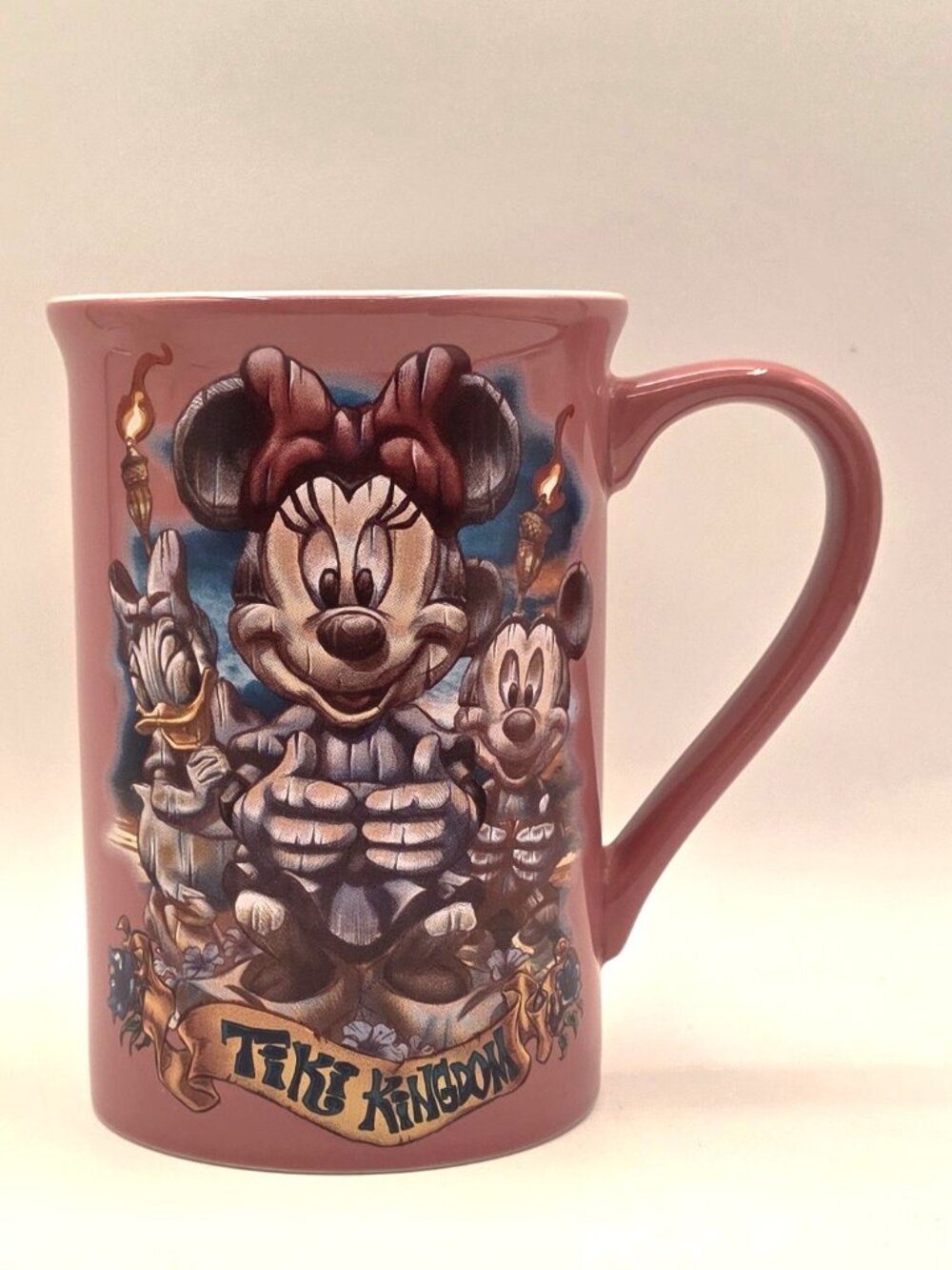 Disney Store Pink Tiki Kingdom Mug Minnie Mouse Mickey Mouse & Daisy Duck 18 oz